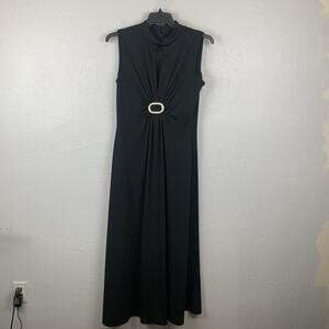 Vintage 70s Montgomery Ward Dress 18 Black Maxi Mock Neck Rhinestone Buckle